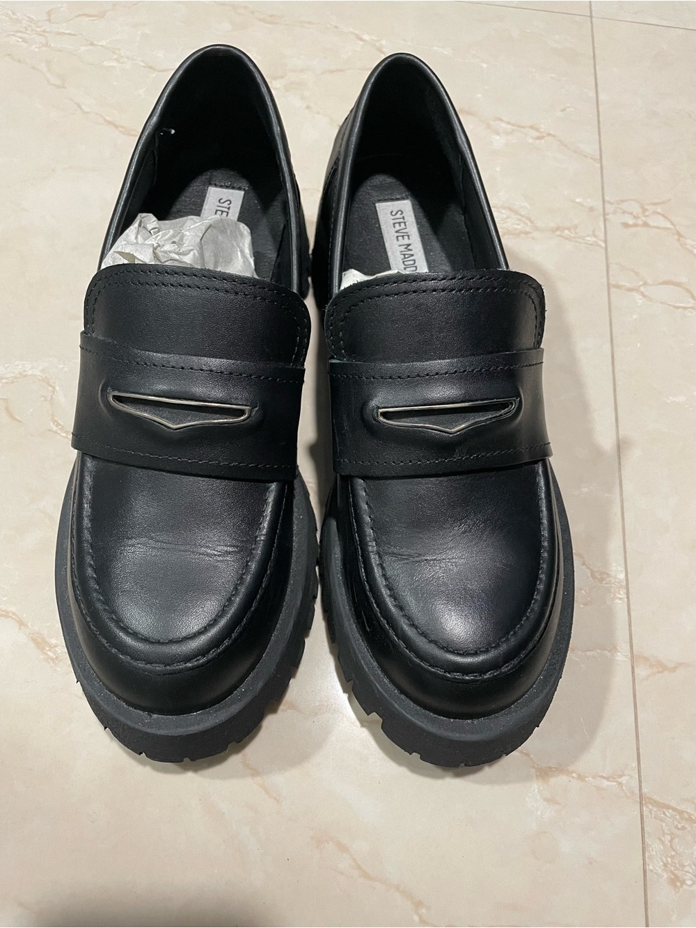 Steve Madden Black Leather Lug-Sole Penny Loafers